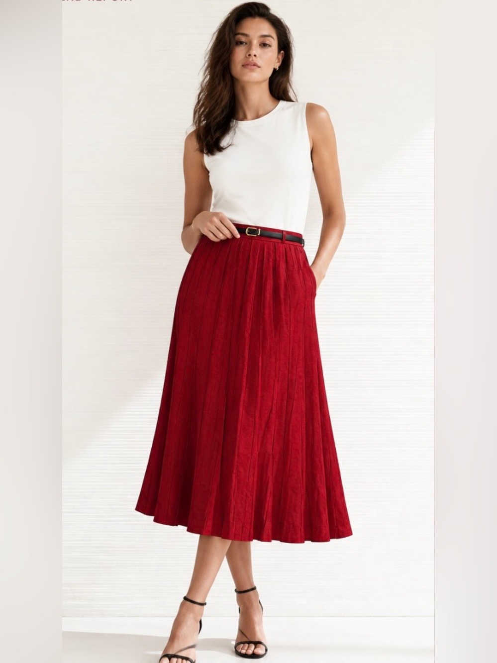 LAFAYETTE 148 Pleated Skirt Fluted Midi Red Flare Structured Lightweight NWOT 8